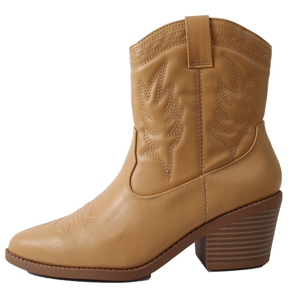 Blond Faux Leather Cowboy Pull On Mid Calf Boot - Picture 3 of 7